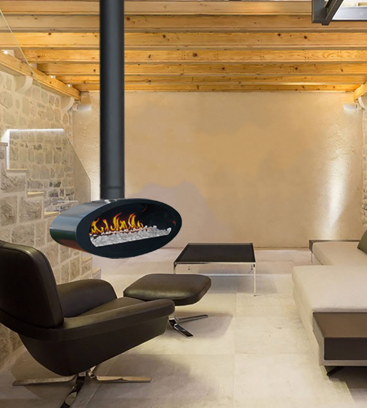 Chimenea Elipse como centro decorativo en espacio minimalista - Diseño bogotano de alta gama