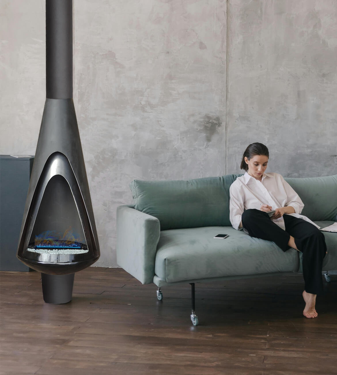 Chimenea Lyra como centro decorativo en espacio minimalista - Diseño bogotano de alta gama
