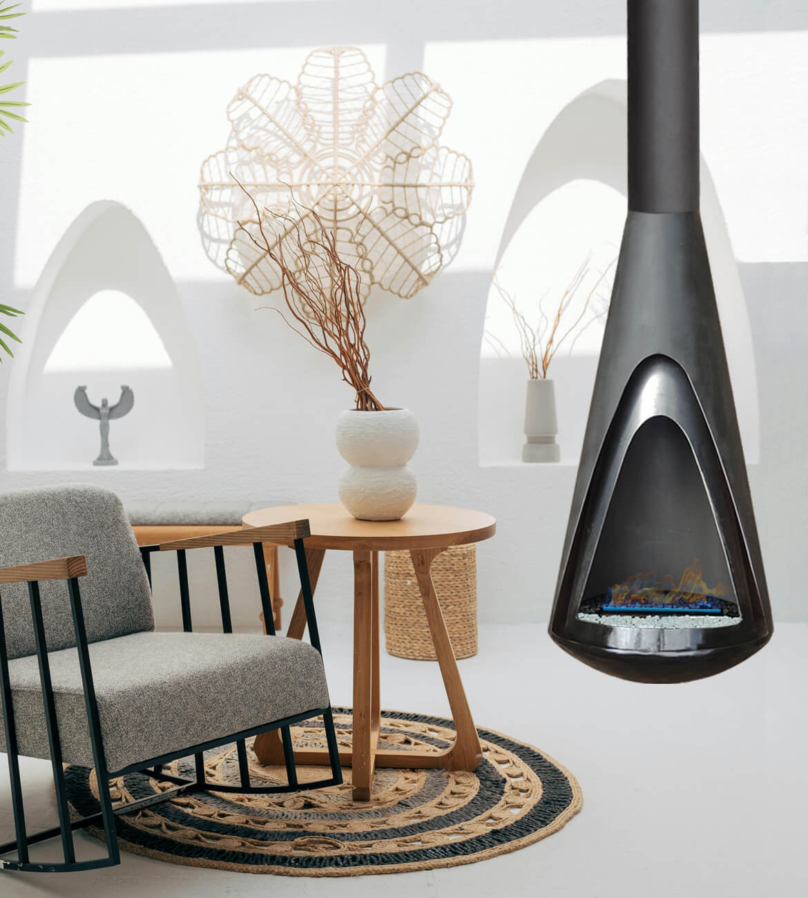 Chimenea Lyra como centro decorativo en espacio minimalista - Diseño bogotano de alta gama