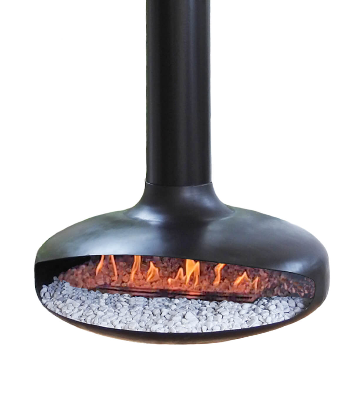 Chimenea colgante estilo OVNI moderna en interior minimalista - Bogotá Colombia