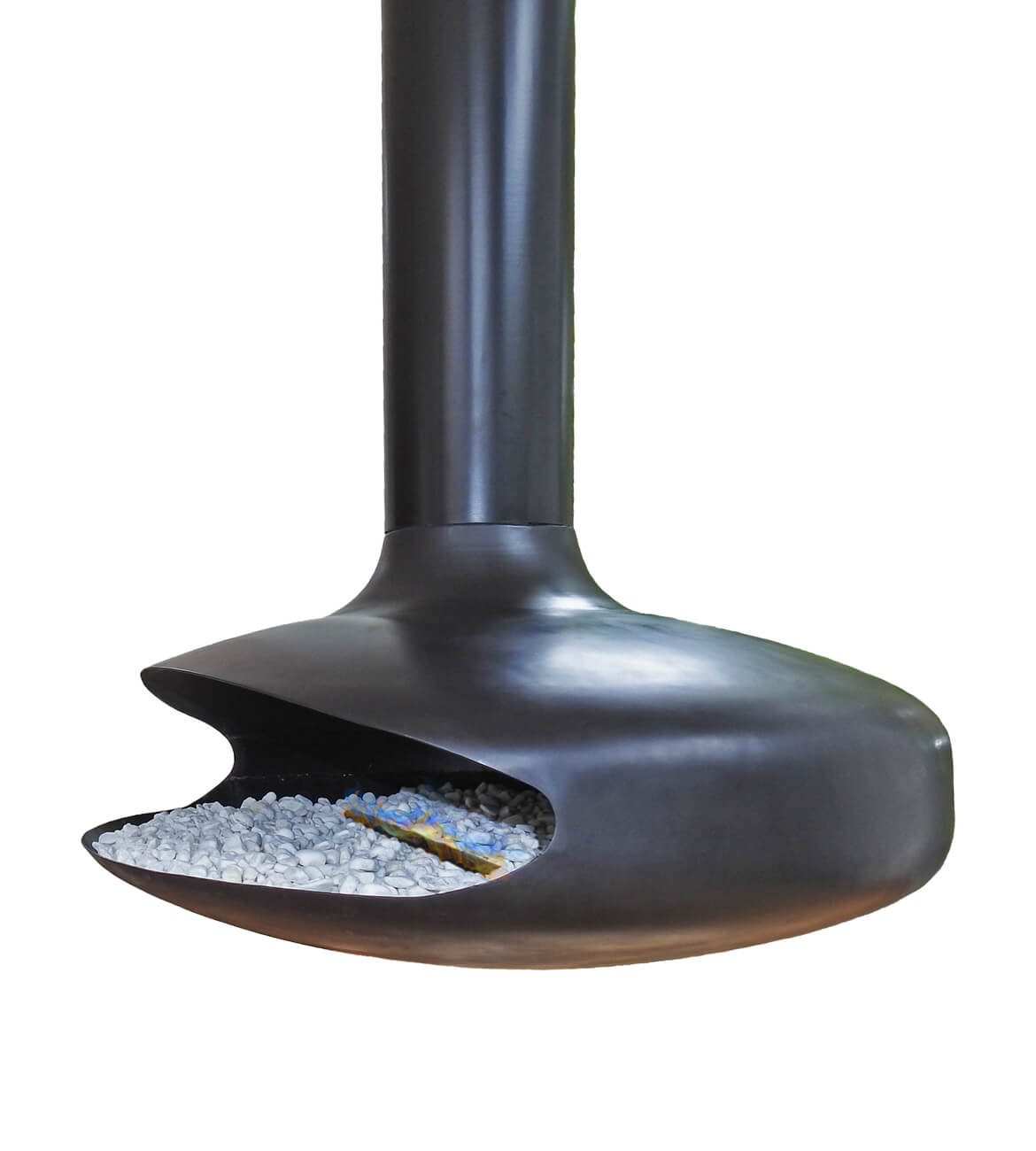 Chimenea colgante estilo OVNI moderna en interior minimalista - Bogotá Colombia