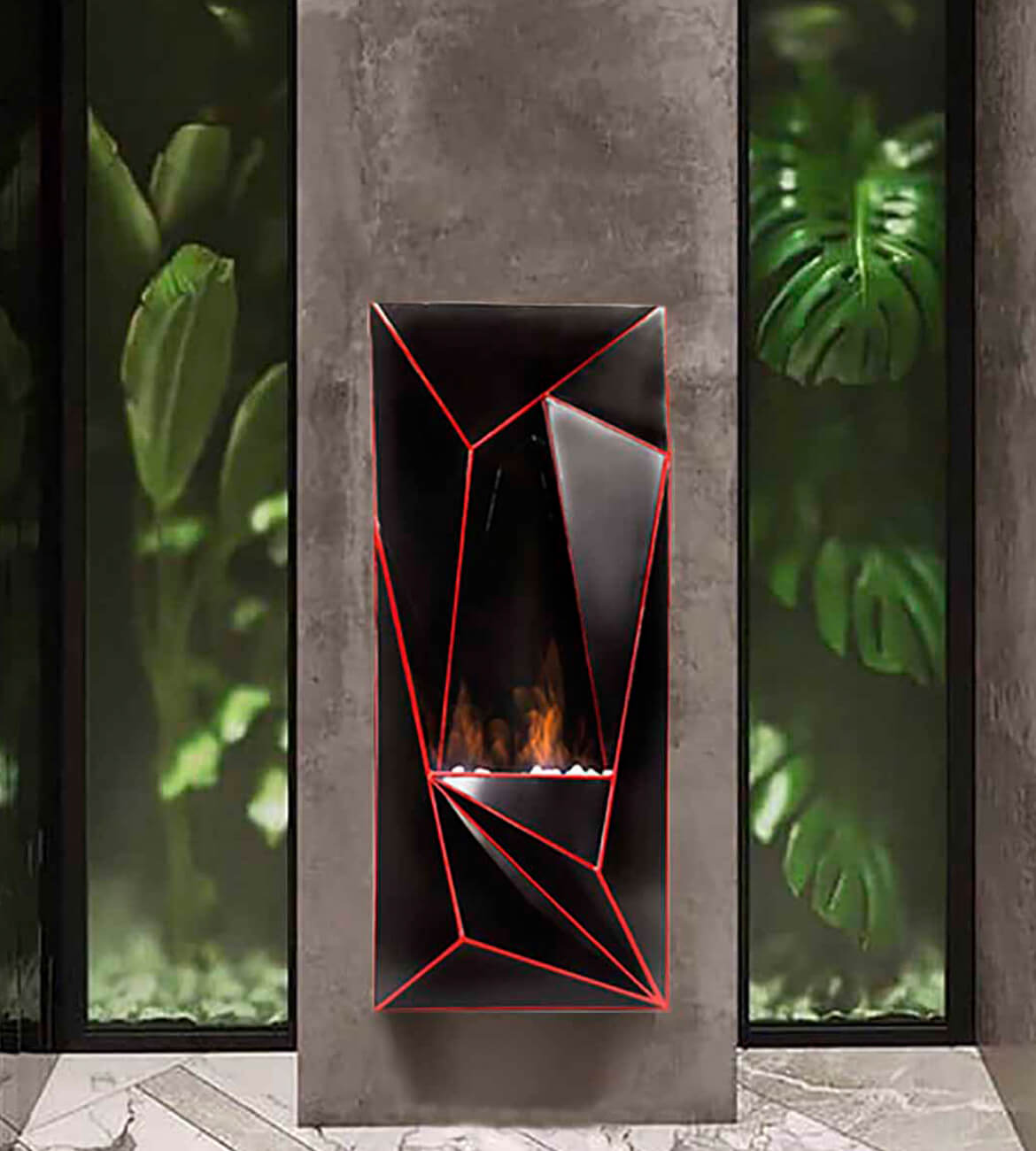 Chimenea Geométrica en sala moderna - Diseño geométrico bogotano