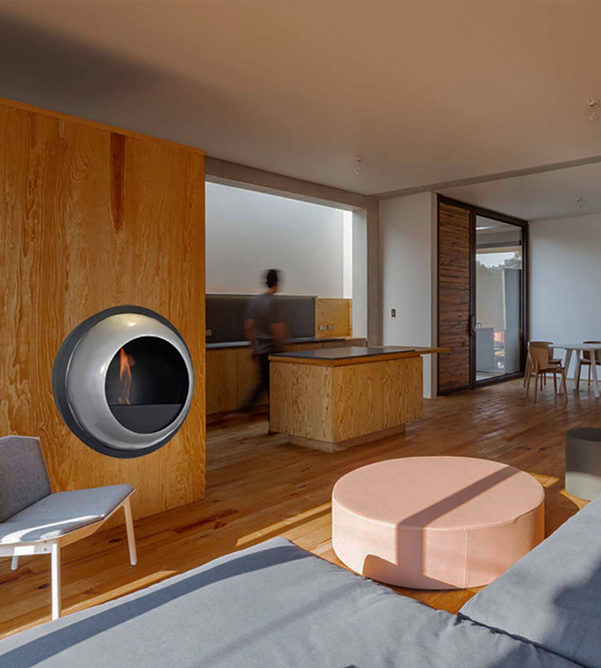 Chimenea Iris en sala moderna - Diseño escultórico bogotano