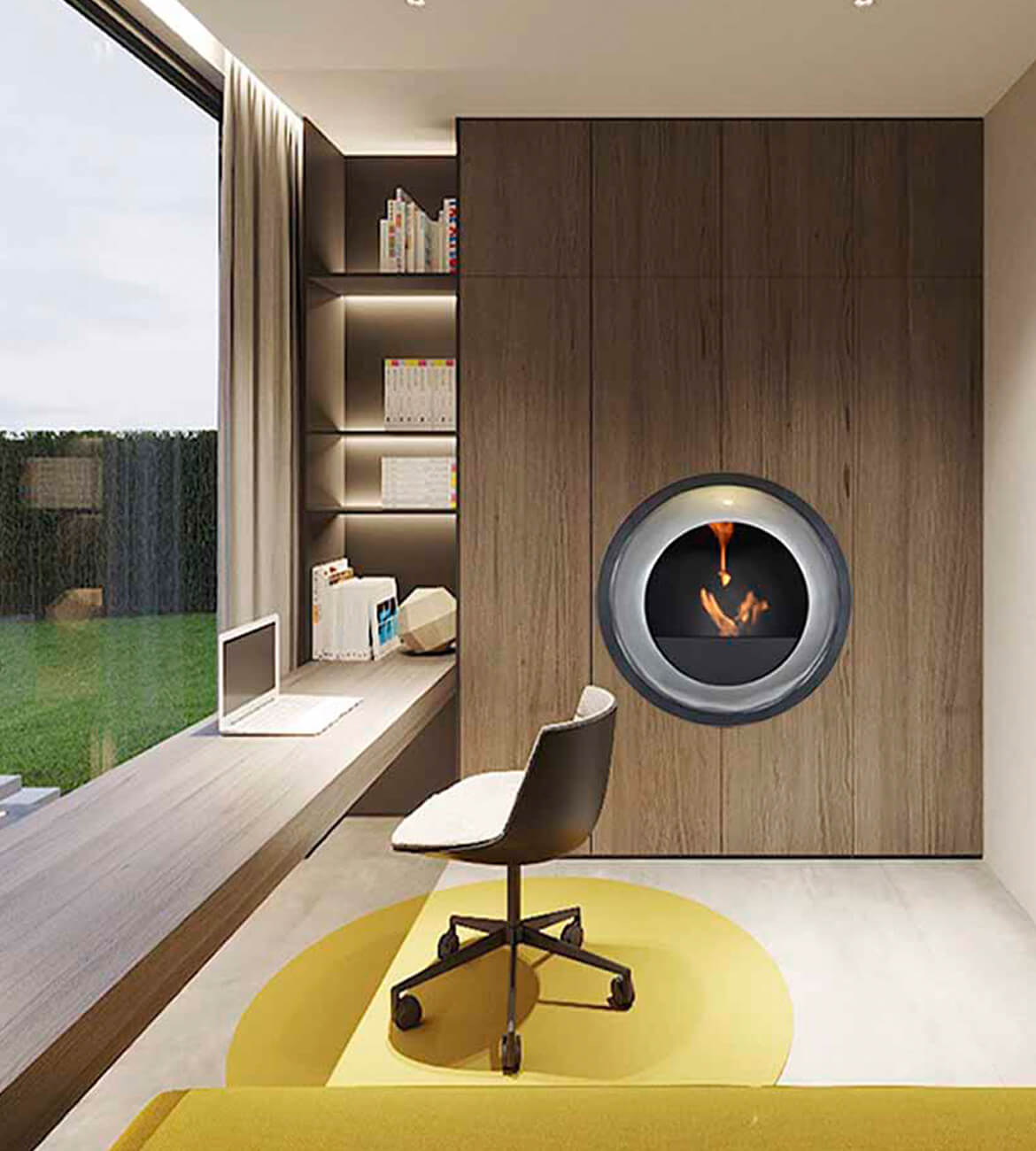 Chimenea Iris en sala moderna - Diseño escultórico bogotano