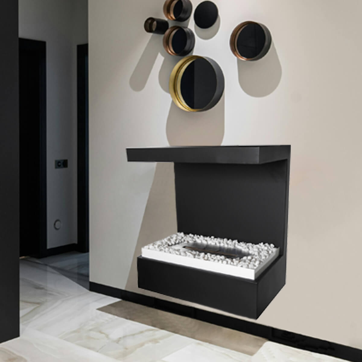 Chimenea Cubik en espacio moderno - Diseño artístico y portátil bogotano