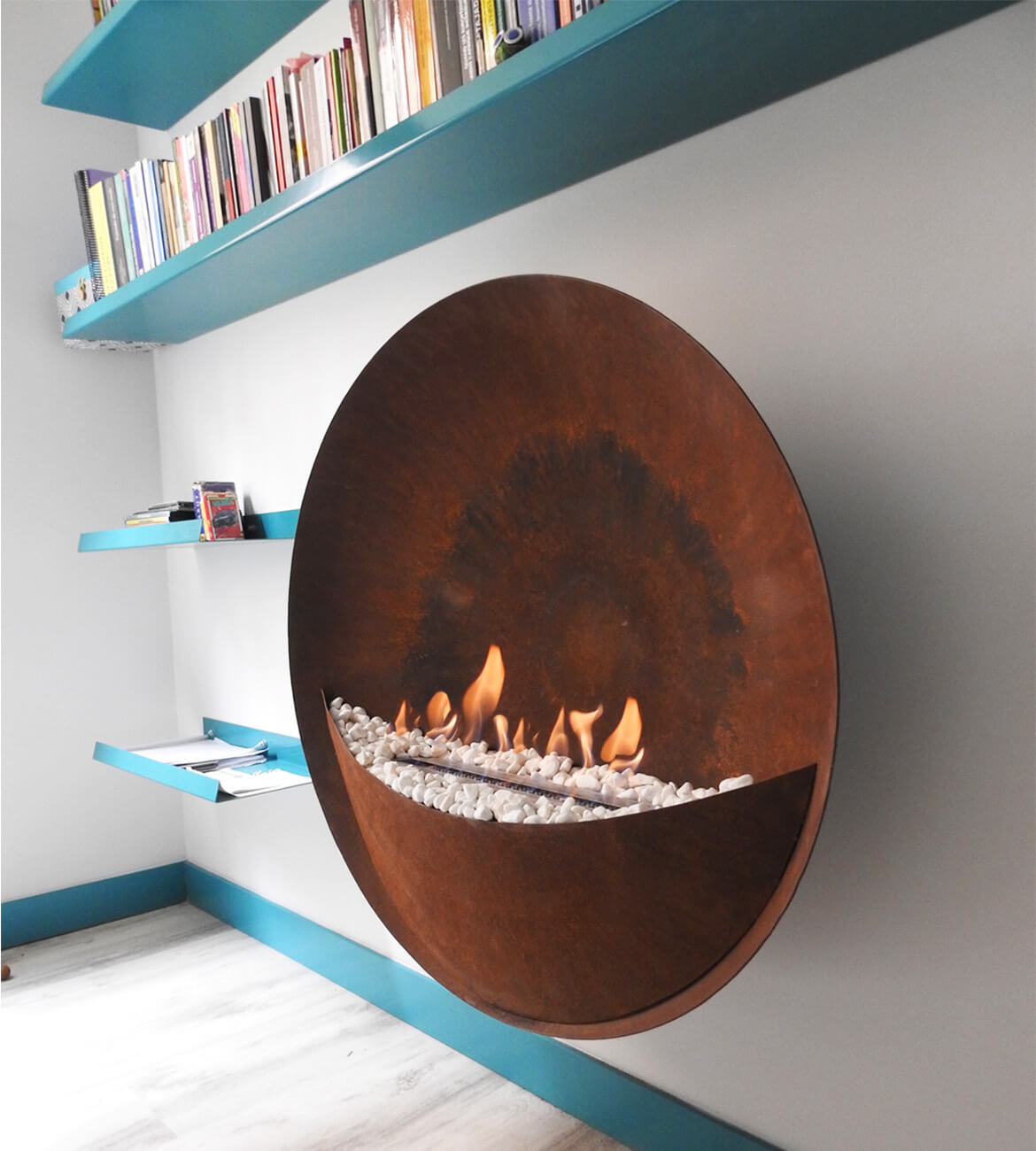 Chimenea Eclipse de Pared en espacio moderno - Diseño minimalista y ecológico bogotano