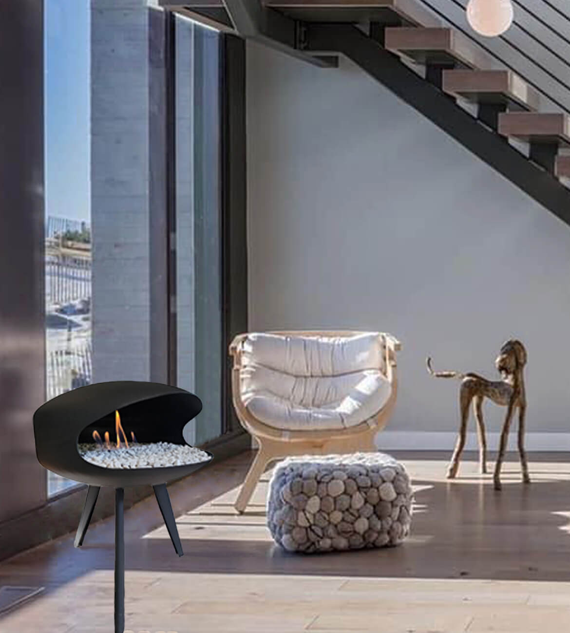 Chimenea Mini Ovni en espacio moderno - Diseño minimalista y portátil bogotano